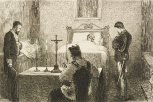 The death chamber of King Victor Emmanuel II in the Quirinale Palace, 1878, Rome, Italy, engraving, illustration from the magazine The Graphic, volume XVII, no 425, January 19, 1878.